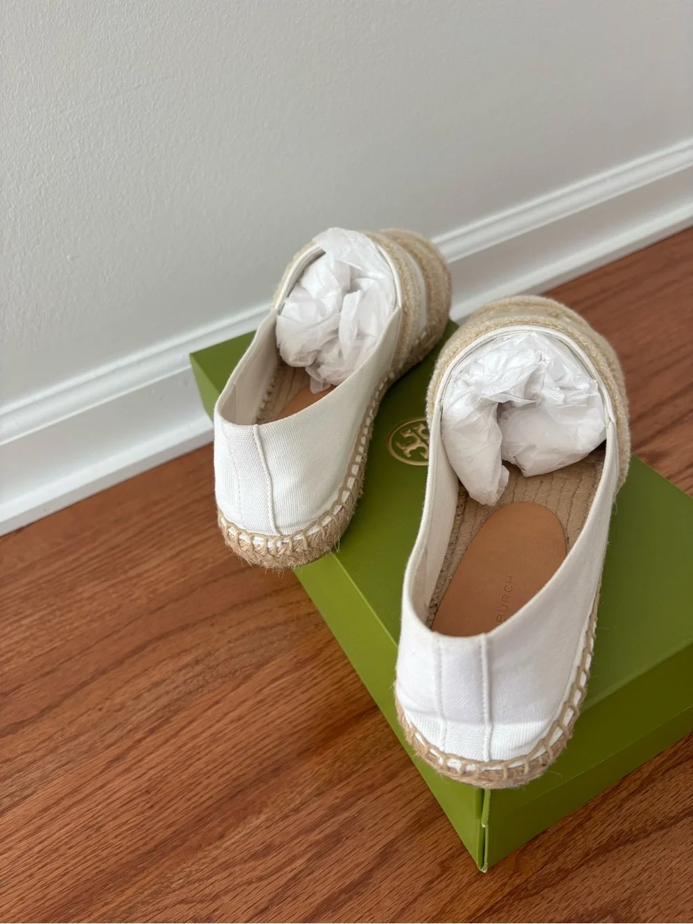 Tory Burch White & Beige Canvas Espadrilles